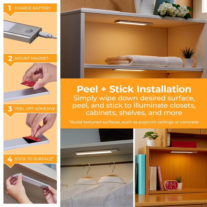 PureOptics LED Rechargeable Under Cabinet Lighting, Motion Sensor On/Off, Warm