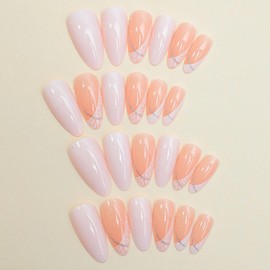 MISUD Press On Nails - Medium Almond Glossy Glue On False Nails, White Acrylic Stiletto Artificial Bling Glitter Swirl Design 24 pcs