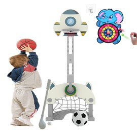 HouzeFun 5 in 1 Adjustable Height Sports Center for Toddler 1-3, Indoor Sports Toy Set with Basketball Hoop Soccer Golf Hoops Dart, Best Sports Toys for Kids Ages 3-5 (White)