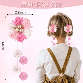Jelyne 12PCS Flower Hair Bows for Girls - Grosgrain Ribbon Accessories With Alligator Clips and Little Dangling Tassels of Flowers Hair Barrettes(Pack of 12, 6 Pairs)