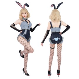 CR ROLECOS Bunny Costume Adults Women Bunny Suit with Ruffle Bunny Girl Costume One Piece Bodysuit Stockings Set M