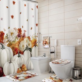 Honoson 8 Pcs Fall Shower Curtain Set Thanksgiving Autumn Bathroom Sets with Rugs and Kitchen Towels Harvest Pumpkins Maple Leaf Yellow Floral Watercolor Fabric with Hooks Housewarming Gifts Decor