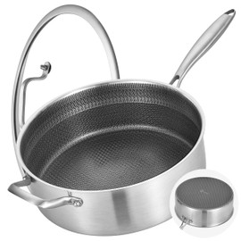 LOLYKITCH 7 Quarts Hybrid Non Stick Tri-Ply Stainless Steel Sauté Pan with Lid,12 Inch Deep Frying Pan,Large Skillet,Induction Cooking Pan, Oven Safe and Detachable Handle.