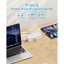 kakyanill Small Surge Protector Power Strip, Kakyanill 5 ft Flat Extension Cord with 4 Outlets 3 USB Ports (2 USB C), Flat Extension Cord with 900 Joules Protection, Suitable for Home Office Dorm Room, White