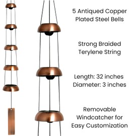 Woodstock Chimes Signature Collection, Woodstock Temple Bells, Quintet (32'') Copper, Wind Bells for Outdoor, Patio, Home or Garden Décor (TB5C)