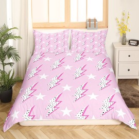 Lightning Flash Print Kids Duvet Cover Set Full Size,Boys Girls Adults Bedroom Decor,Abstract Stars Polka Dots Comforter Cover,Stylish Chic Bedding Set,Pink Romantic Quilt Cover,2 Pillowcases