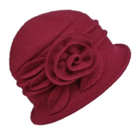 Wool Cloche Hat for Women Winter Bucket Hat 1920s Vintage Floral Fedoras Hat(Red)