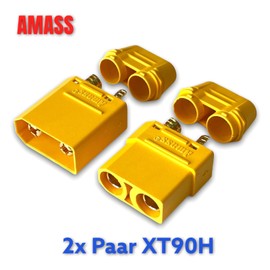 VUNIVERSUM 2 Pairs (4 Pieces) Original Amass XT90 XT90H High Current Premium Gold Plug Reverse Polarity Plug Socket with Protective Caps Male Female 90A RC by Mr. Stecker Modellbau®