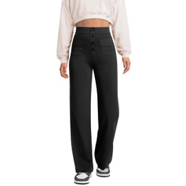 keriffe Women's Straight Leg Pants High Waisted Button Stretchy Business Work Casual Trousers Multiple Pockets Black