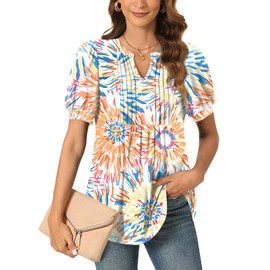 Anyally Womens Plus Size Summer Dressy Casual Blouse Puff Short Sleeve Tunic Tops Pleated T-Shirts for Work, 2XL Colorful Fireworks