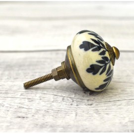 ARTISNO Ceramic Knobs for Cabinets - Set of 10 Decorative Off-White & Black Leaf Design Ceramic Knobs Handpainted Boho Home Kitchen Cabinet Drawer Knobs Elegant Wardrobe & Dresser Pulls (Matt Black)