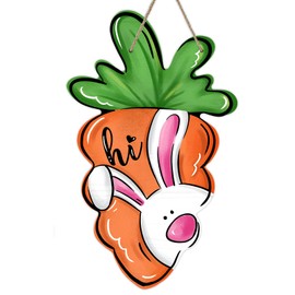 Deroro Easter Carrot Bunny Hi Front Door Sign, Cute Rabbit Wood Door Hanger Outdoor Outside Porch Decor, Spring Farmhouse Wooden Wreath Indoor Wall Hanging Decoration
