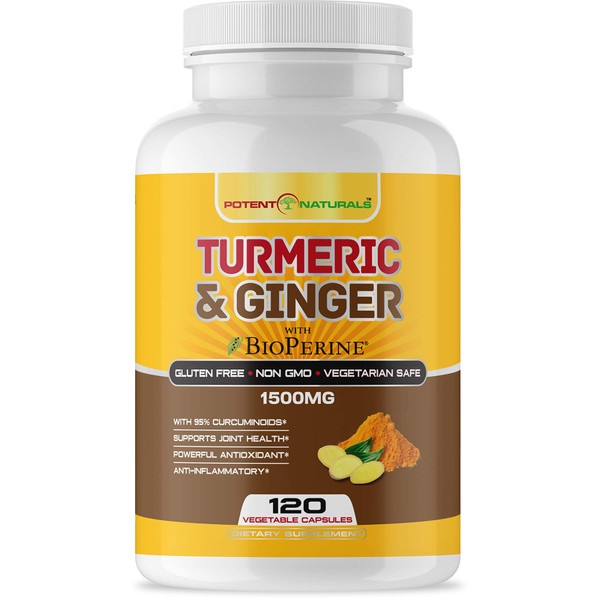 POTENT NATURALS Turmeric Curcumin with Ginger and BioPerine 1500mg 120 Vegetable Capsules Supports Joint Health, Immune System & Antioxidant Supplement - High Strength, Non GMO, Gluten Free