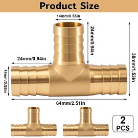 2 Stück T-Stück Schlauchtülle,14mm Messing T-Schlauchverbinder, 3 Wege Schlauchverschraubung, Gartenschlauch-Kupplungen, T-förmige Messing Fittings, für Luft, Gas, Wasser, Kraftstoff