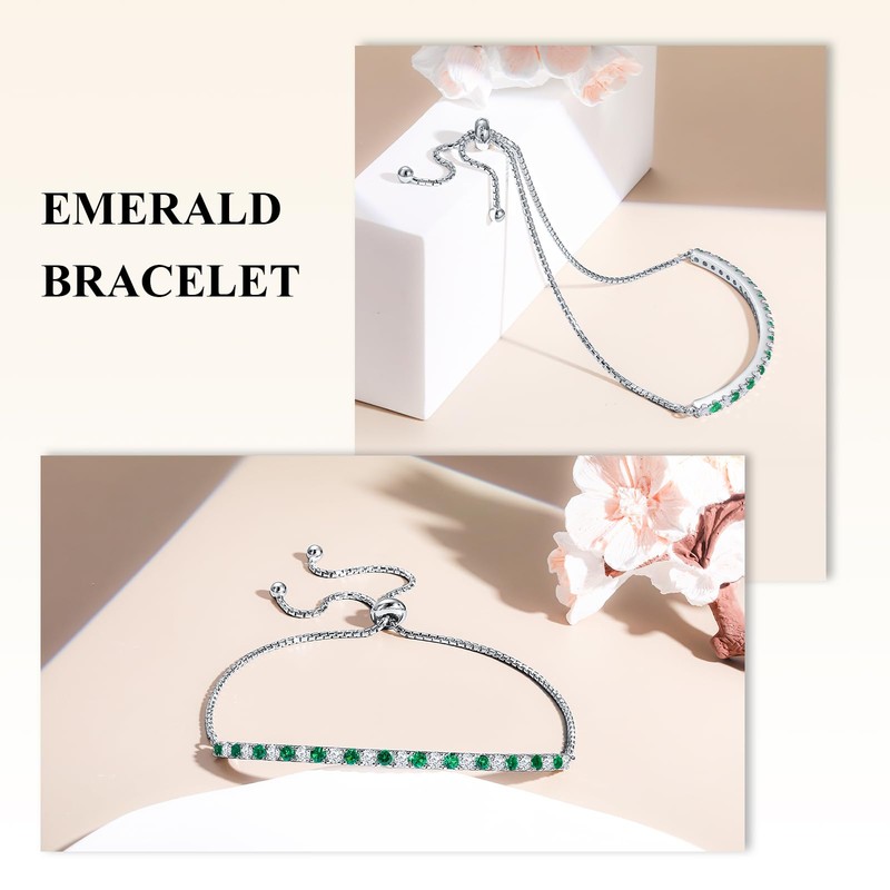 AGRULE 14K White Gold Plated Sterling Silver Emerald Tennis Bracelet