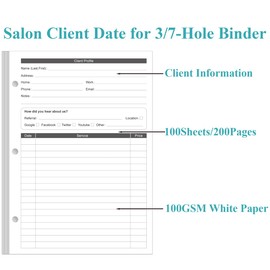 A5 Stylist Binder Insert Cards - 3-Hole Client Profile Cards for Hair Stylist, Salon, Spa, Hairdresser, 100 Sheets/200 Pages Business Data Client Card, 5.8''×8.3''
