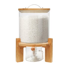 XUFOPLY Rice Dispenser, 5L Cereal Dry Food Dispenser Glass Food Storge Container with Valve+Lid+Measuring Cup+Wooden Stand for Kitchen Organization and Pantry Store (5L)