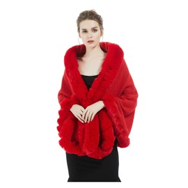 Faux Fur Shawl Wrap Bridal Cape Bridesmaids Stole Lambs Wool Shrug Winter Wedding with Fur Trim Red