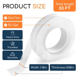 GLUIT New Double Sided Tape Heavy Duty 17.5 lbs Reusable Adhesive Removable Washable Multipurpose Mounting Tape Gel Grip Tape Carpet Tape for Home Office Kitchen Car Poster 33FT