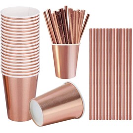 iZoeL 60 Party Cups 9 oz Rose Gold and 60 Straws Disposable Paper Dishes Disposable Cups Party Tableware Set for Children's Birthday Parties