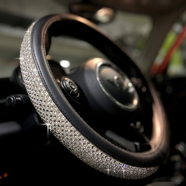 PINCTROT Bling Bling Comfy Steering Wheel Cover with Jumbo Crystal Rhinestones, Anti-Slip Diamond Leather, Universal 14.5-15 Inch (Silver)