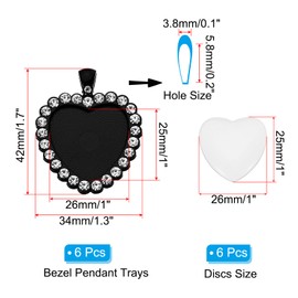 PATIKIL 1" Blank Picture Pendants, 6Pcs Metal Heart Rhinestone Bezel Pendant Trays with 6Pcs Glass Discs for Photo Pendants DIY Crafts Making, Black
