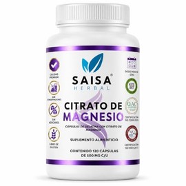Citrato de Magnesio 500 mg  120 Cápsulas  100 Puro  Alta Absorción y Biodisponibilidad  Saisa Herbal  Apoyo Muscular, Energía y Sueño Natural         