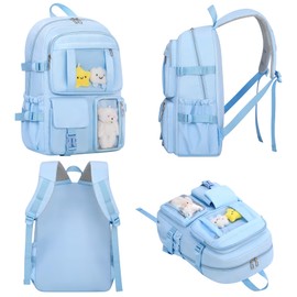 HORHEAR Kawaii Backpack with Cute Pin Accessories, Kawaii Plush Toy Animal Pin and Cartoon Card, Kawaii Backpack, School Backpack(Style-2-black)