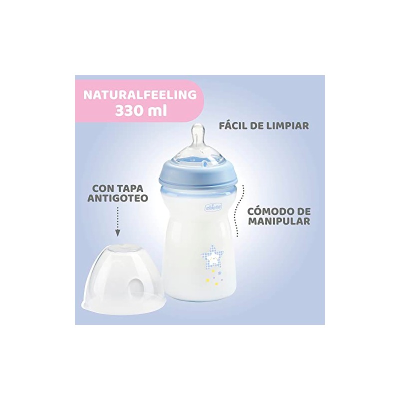 CHICCO, Biberón Natural Feeling, Color Azul, 330 ml