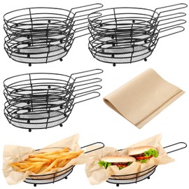 Toyosport 12 Pack French Fries Baskets, Black Iron Serving Baskets with Handles, Oval Mesh Food Presentation Trays with 50 Deli Papers, Fried Food Bowls, Small Fryer Holders for Parties, BBQ, Kitchen