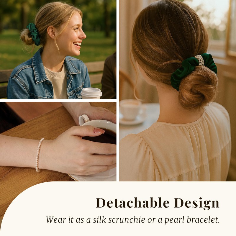 100% Mulberry Silk Scrunchie with Detachable Pearl Bracelet, Green Pure
