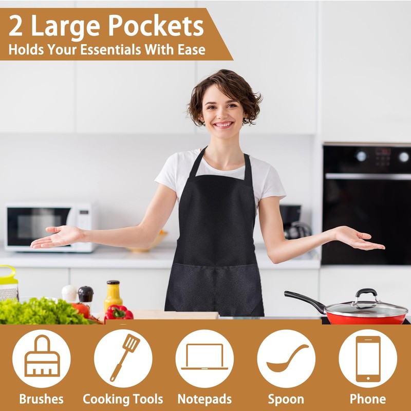 PIEMEET 12Pcs Bib Apron,Black Aprons Bluk,Bib Aprons with 2 Pocket,Kitchen