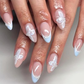 24 Pcs Blue French Tip Press on Nails Almond Medium Fake Nails with 3D Pearl Flower Designs Glossy Full Cover Acrylic Nails Reusable Summer False Nails White Flower Glue on Nails for Women Manicure