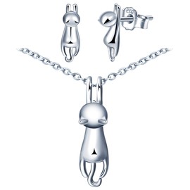 Yumilok Women's Necklaces Women's Necklace Women's Stud Earrings with Pendant Zirconia Cat Cats in 925 Sterling Silver Jewellery Sets for Women Girls, Sterling Silver, Cubic Zirconia