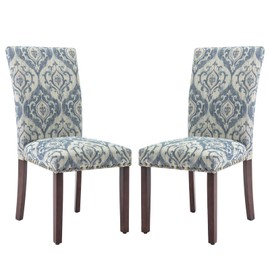 COLAMY Upholstered Parsons Dining Chairs Set of 2, Fabric Dining Room Kitchen Side Chair with Nailhead Trim and Wood Legs - Blue/White Flower