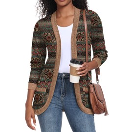 GRECERELLE Cardigan for Women Casual Lightweight Open Front Long Sleeve Printed Femme Sweater Jacket with Pockets, Round Flower Green, Large