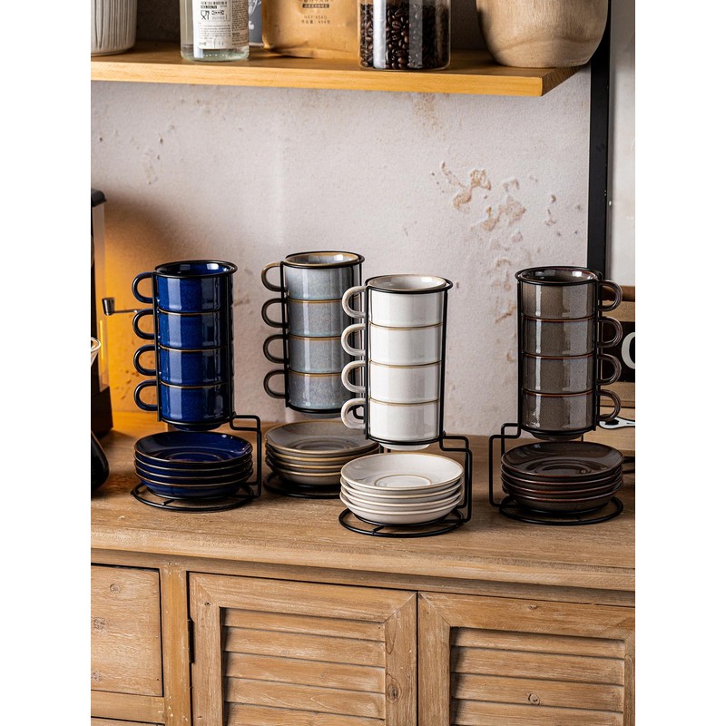 Gomakren 6 Ounce Cappuccino Cups with Saucers and Metal Stand,