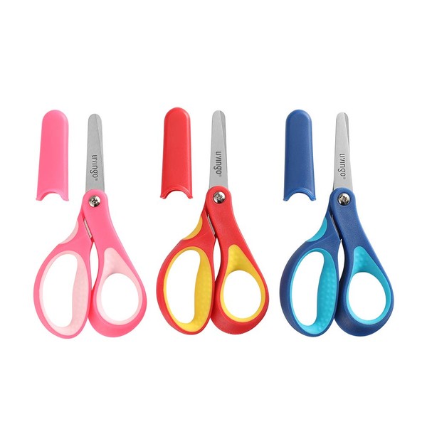 LIVINGO Small School Childrens Blunt Kids Scissors, Sharp Stainless Steel Blades Safety Comfort Grip Handles for Student Toddler Craft Cutting Paper, Assorted Color, 3 Pack 13cm