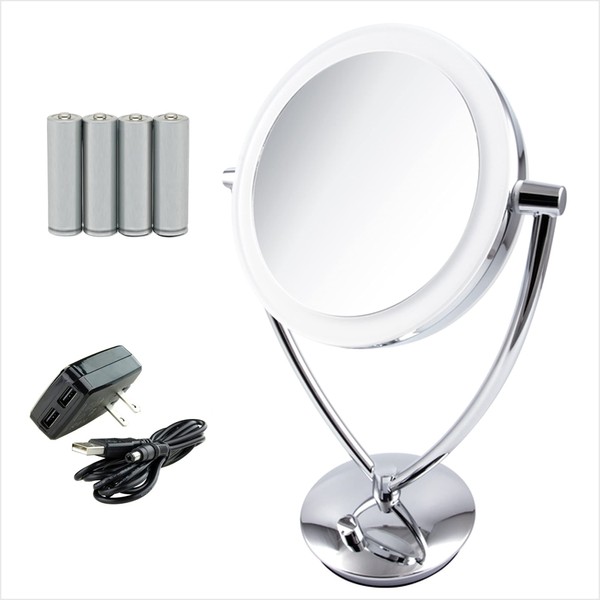 OVENTE 7.5" Lighted Tabletop Makeup Mirror, 1X & 10X Magnifier, Adjustable Double Sided Round LED, Dimmer Switch, Ideal for Vanity & Bathroom, Battery & USB Powered, Polished Chrome