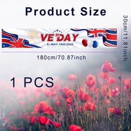 VE Day Banner, VE Day 80th Anniversary Decorations, 180 x 30CM Backdrop Banner for Celebrations Victory in Europe