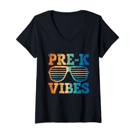 Womens Retro Vintage Sunglasses Pre-K Vibes Back To School V-Neck T-Shirt
