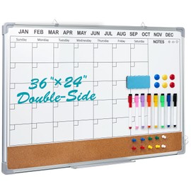 Calendar Whiteboard for Wall, 36" x 24" Magnetic Double Side Dry Erase Whiteboard Calendar Cork Board Combo,Wall Hanging Calendar Board for Office,Home, School,Kitchen