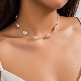 SmileBelle Baroque Pearl Necklace, Pearl Choker as Stocking Stuffer for Women, Dainty Pearl Costume Gold Pearl Necklace for Anniversary Gifts Chunky Pearl Necklace as Wedding Jewelry