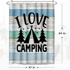 Nesphy Camper RV Travel Trailers Shower Curtain, Farmhouse I Love Camping Green and Blue Wooden Shorter and Narrow Fabric Shower Curtains, Rustic Camp Bathroom Curtain Liner with Hooks 47x64 Inches