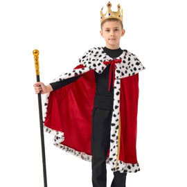 FUUNTATO King Costume Red Royal King’s Cloak with Crown And Scepter Set Luxurious Velvet Cape with Faux Fur Trim for Kid & Adult
