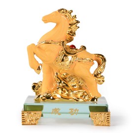 PopTop Brass Golden Resin Feng Shui Frosted Horse with Glass Base Success Statue Chinese Zodiac Home Office Table Decor Figurine Gift Collection PTZY106