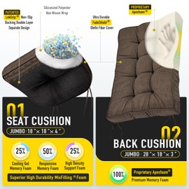 SUNROX Memory Foam Jumbo Rocking Chair Cushions, FadeShield Water Resistant Non Slip Durable Tufted Pads, Set of Seat & Back Cushion with Ties for Indoor/Outdoor Rocker, 2 Piece, Heather Charcoal