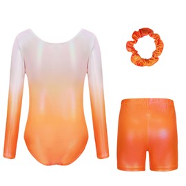 Sanshaion Gymnastics Leotards Set For Girls - with Shorts and Headband Gradient Color Sparkling Ballet Dancing Unitards Gymnastics Outfit for 5-12 Years (ORANGE-LONG, Tag 6A(5-6 Years))