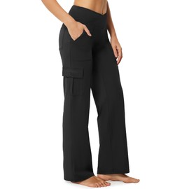 Casei Yoga Pants with Pockets for Women Wide Leg Cargo Pants High Waist Crossover Stretch Work Travel Casual Sweatpants,Black(3XL)