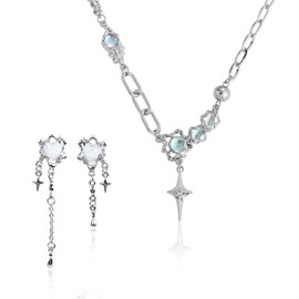 CVFRTT 1 Piece Zircon Necklace and 1 Pair of Earrings, Fashion Jewellery, Irregular Design Necklace with Star Pendant, Clothing Accessories, One size